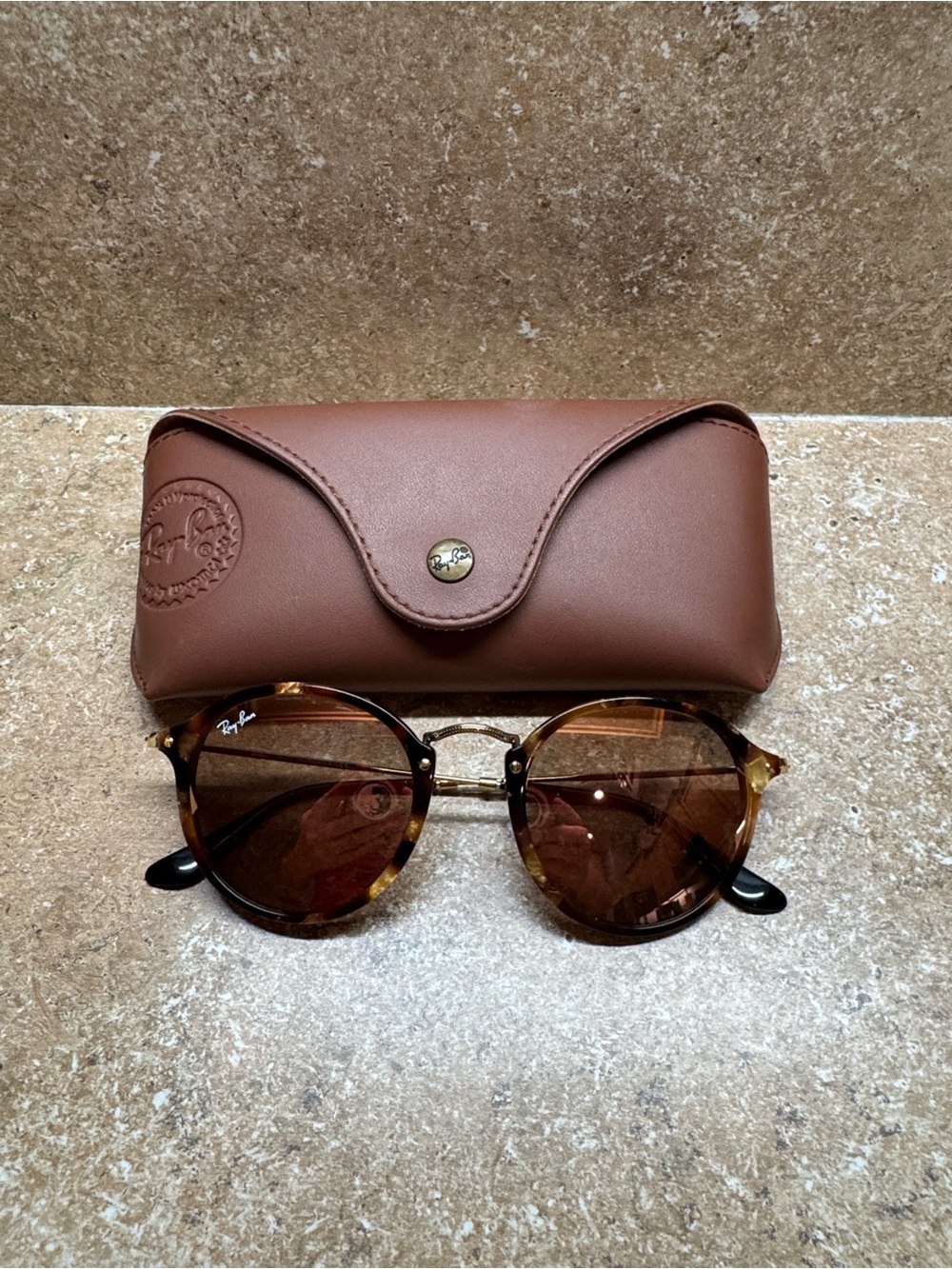 Ray-Ban Brown Leather Sunglasses Case with Logo Button